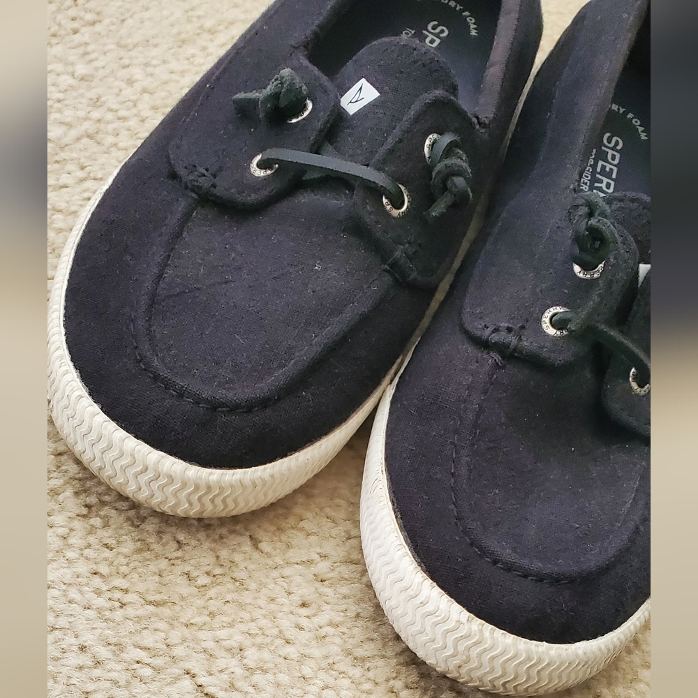 Black Canvas Sperry Boat Loafers Slip On Shoes 9 - Picture 3 of 7